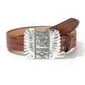 Cintura da cowboy in pelle marrone con motivi goffrati e fibbia in metallo argento incisa - 100cm / Argento Intagliato Occidentale (Bianco K)