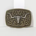Vintage western gesp met zilveren Longhorn-stier en ingelegde turkoois steen - Gouden Longhorn Tweekleurige Stijl (04)