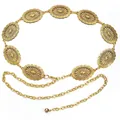 Detail of vintage embossed metal belt with hollow oval charms and bronze gold finish - Gold