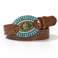 Cintura cowboy bohémien con fibbia floreale goffrata e dettagli in turchese - 100cm / Floreale Bohemien (Perla di Legno)