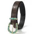 Ceinture en cuir marron foncé gaufré avec boucle dorée ornée de pierres turquoise - Style Boucle Turquoise Fer à Cheval Or / 100cm