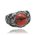 Close-up of vintage titanium steel ring with red dragon eye and gothic relief carving - Steel Color Red Eye / US 8