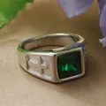 Detail of square emerald stone and cross engraving on vintage stainless steel ring - US 7 / Silver Green Stone