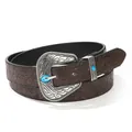 Dettaglio cintura western in pelle marrone con goffratura e fibbia turchese - Stile Fibbia Decorativa Turchese Argento