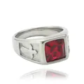 Close-up of vintage steel ring featuring a large square red stone and cross relief - US 7 / Silver Red Stone