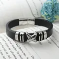 Mens black leather bracelet with silver stainless steel X-shaped metal charm and magnetic clasp - Black