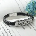 Men's black braided leather bracelet with silver metal chain and magnetic clasp - Black