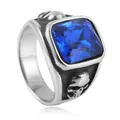 Vintage punk men's stainless steel ring with square blue stone and skull carvings - Size 7 / Silver With Blue Stone