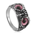 Macro detail of punk owl ring featuring vibrant pink eyes and vintage metal textures - Size 7 / Silver Color Pink Rhinestone