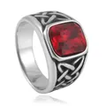 Retro stainless steel ring with red square gemstone and Celtic knot weaving details - US 7 / Silver With Red Stone