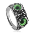 Retro punk owl ring in stainless steel with green resin eyes and vintage metal finish - Size 7 / Silver with Green Rhinestone