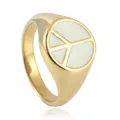 Golden titanium steel signet ring with white enamel peace symbol on a white background - US 7 / Gold White Enamel