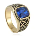 Vintage gold stainless steel ring with square blue stone and Celtic knot engraving - Gold Blue Stone