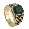 Vintage gold-plated stainless steel ring with green stone and Celtic knot textures - Gold Green Stone
