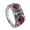 Macro detail of gothic owl ring featuring red devil eyes and textured silver scales - Size 7 / Silver with Red Rhinestone