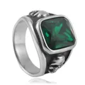 Macro view of vintage punk skull ring with large green square emerald cut stone - Size 7 / Silver Green Stone
