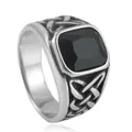 Macro shot of silver punk ring with square black stone and Celtic knot details - US 7 / Silver With Black Stone