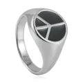 Macro detail of stainless steel signet ring with black enamel and silver peace sign - US 7 / Silver Black Enamel