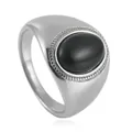 Vintage stainless steel ring with oval black onyx stone and polished finish on white background - US 7 / Silver With Black Stone