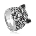 Punk style stainless steel leopard head ring with red gem eyes and black spot texture - US 7 / Silver