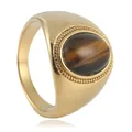 Vintage golden stainless steel signet ring featuring a polished oval tiger eye stone - US 7 / Gold Brown Stone