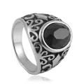 Vintage stainless steel ring with black oval stone and intricate floral hollow engravings - US 7 / Silver With Black Stone