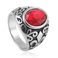 Vintage stainless steel ring with large oval red gemstone and embossed floral patterns - US 7 / Silver With Red Stone