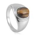 Macro detail of oval tiger eye stone set in a polished silver stainless steel signet ring - US 7 / Silver Brown Stone