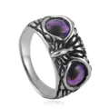 Vintage owl ring in silver steel featuring two purple gemstone eyes for punk style - Size 7 / Silver Purple Rhinestone