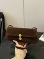 Chic dark brown faux suede baguette bag with vintage gold horseshoe buckle detail - Coffee without Pendant