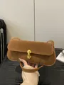 Brown suede underarm bag with gold metal twist lock and minimalist rectangular flap design - Brown No Pendant