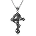 Detail of gothic stainless steel cross pendant with snake and skull carvings - Pendant Only (No Chain) / Silver (Skull Clasp)