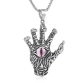 Macro shot of punk style stainless steel hand pendant with a purple eye stone detail - Silver (Light Pink Eye)