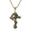 Close-up of gothic stainless steel cross pendant with snake and skull relief on box chain - Antique Gold