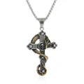 Detail of gothic stainless steel cross pendant with golden snake and skull motif - Pendant Only (No Chain) / Two-tone (Gold & Silver)