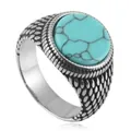 Vintage stainless steel ring with round turquoise stone and textured scale pattern band - US 7 / Silver Turquoise