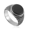 Detail of vintage steel ring featuring black round stone and intricate scale relief textures - US 7 / Silver Black Agate