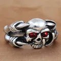Men's punk stainless steel skull ring with red rhinestone eyes and claw details - Size 7 / Silver-Red Eyes