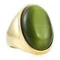 Bague vintage en acier inoxydable doré avec une grande pierre œil-de-chat verte - Taille 7 / Or-Œil-de-chat Vert