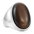 Macro detail of oval brown gemstone ring with a polished silver steel band - Size 7 / Silver-Dark Brown Stone