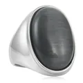 Macro side view of polished stainless steel ring with large oval grey stone detail - Size 7 / Silver-Grey Brushed