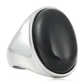 Macro side view of polished silver steel ring with a large oval black stone inlay - Size 7 / Silver-Black