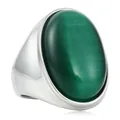 Bague en acier inoxydable poli sertie d'une grande pierre œil de chat ovale verte et reflet - Taille 7 / Argent-Œil de chat vert