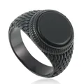 Vintage punk men's titanium steel ring featuring a black round stone inlay and scale texture - Black Agate
