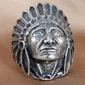 Vintage stainless steel skull ring with detailed Indian chief feather headdress carving - US Size 7 / Silver Black