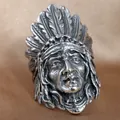Vintage punk stainless steel skull ring featuring an intricate Indian chief feather design - US 7 / Silver