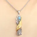 Retro titanium steel feather pendant necklace with turquoise inlay and gold accents - Single Pendant (No Chain) / Two-tone (Gold & Silver)