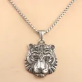 Detailed close-up of a punk style tiger head pendant on a vintage steel chain necklace - Pendant Only (Without Chain) / Silver