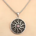 Vintage sun pendant necklace in silver stainless steel with a red center stone and square chain - Pendant Only (No Chain)