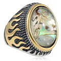 Vintage stainless steel ring with oval abalone shell and golden flame side accents - US 7 / Two-tone (Gold & Silver)
